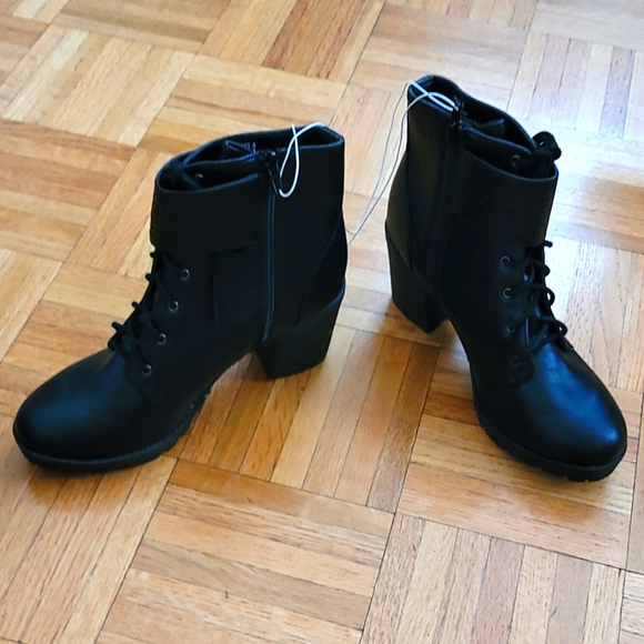 NWT Black Lace Up Boots with Zipper and Decorative Strap - 3 Inch Heels - Picture 2 of 13